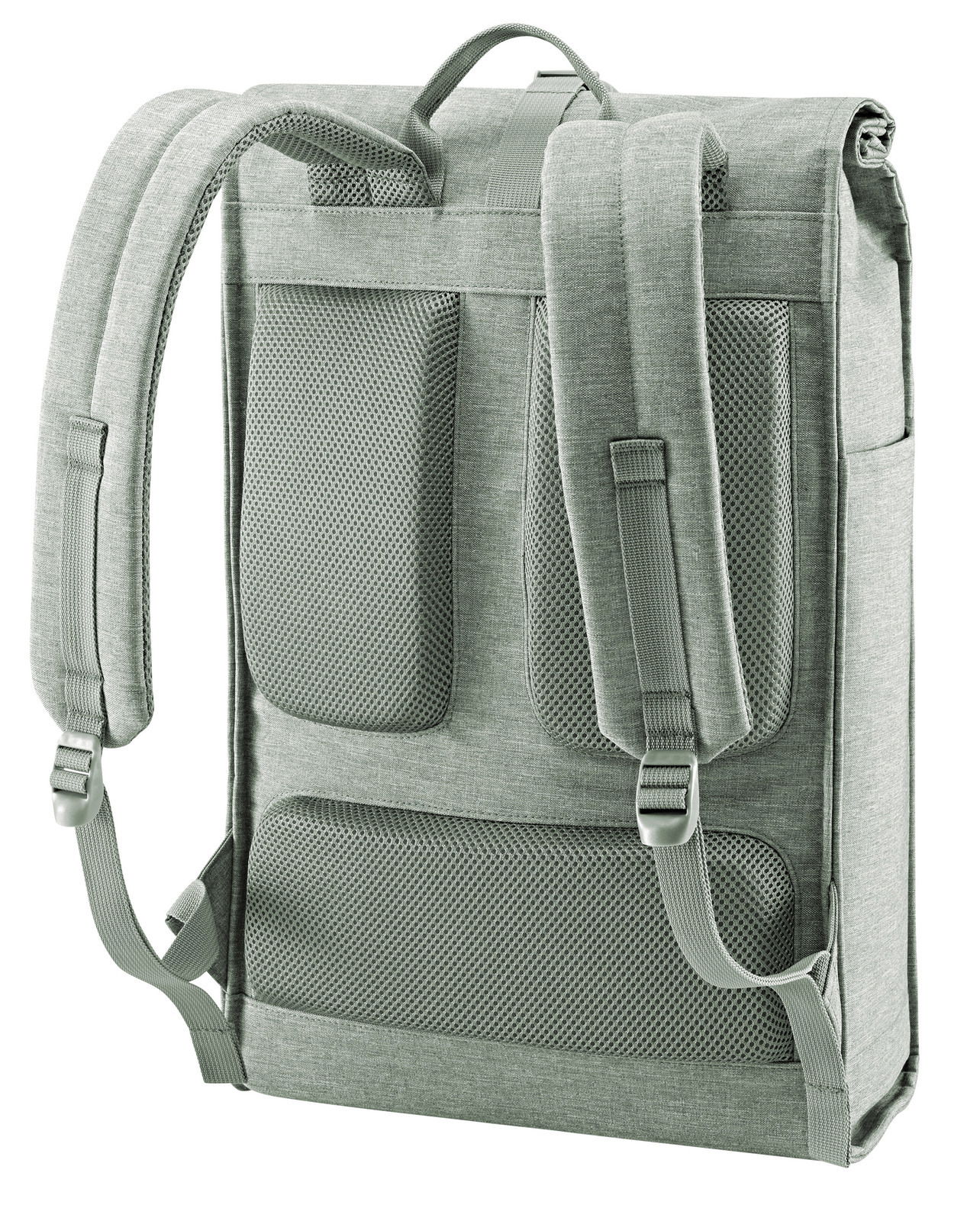 Rückansicht eines grauen urbanen Rolltop-Rucksacks mit gepolsterten Schultergurten und atmungsaktiver Rückenpolsterung.
