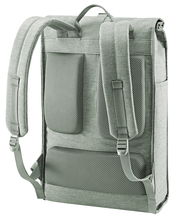 Rückansicht eines grauen urbanen Rolltop-Rucksacks mit gepolsterten Schultergurten und atmungsaktiver Rückenpolsterung.