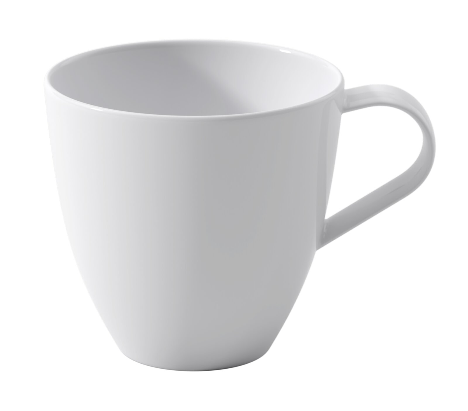 Villeroy & Boch Kaffeetasse PURA Weiße, glänzende Kaffeetasse ohne Aufdruck mit Henkel rechts, in schräger Seitenansicht leicht von oben freigestellt auf schwarzem Hintergrund