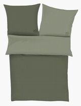 Satinbettwäsche-Set in Olivgrün mit feinem Karomuster, bestehend aus einem Bettbezug und zwei Kissenbezügen, aus der Vogelperspektive fotografiert.