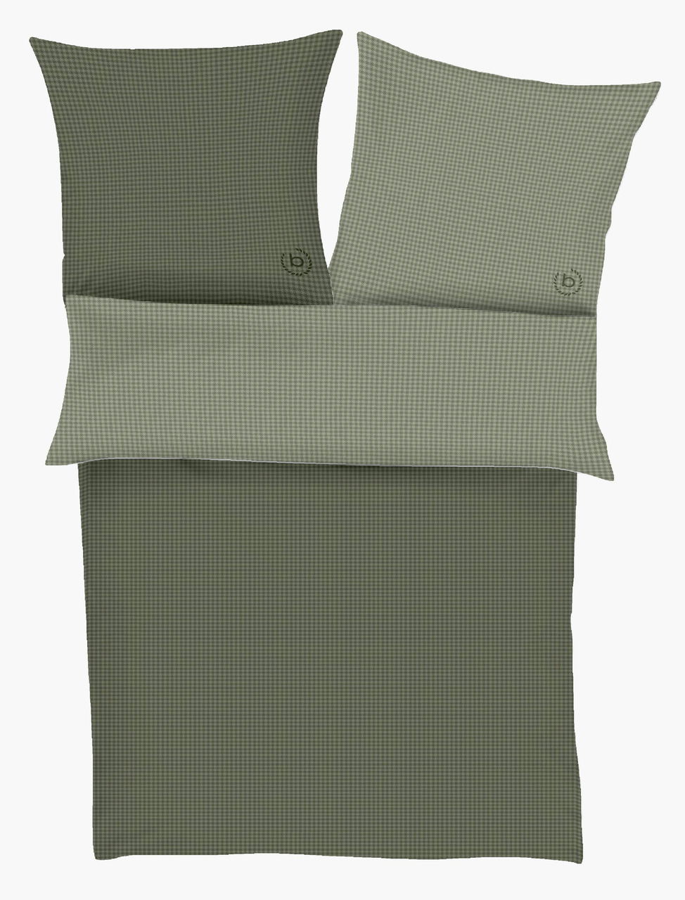 IBENA Bettwäsche BUGATTI EX Satinbettwäsche-Set in Olivgrün mit feinem Karomuster, bestehend aus einem Bettbezug und zwei Kissenbezügen, aus der Vogelperspektive fotografiert.