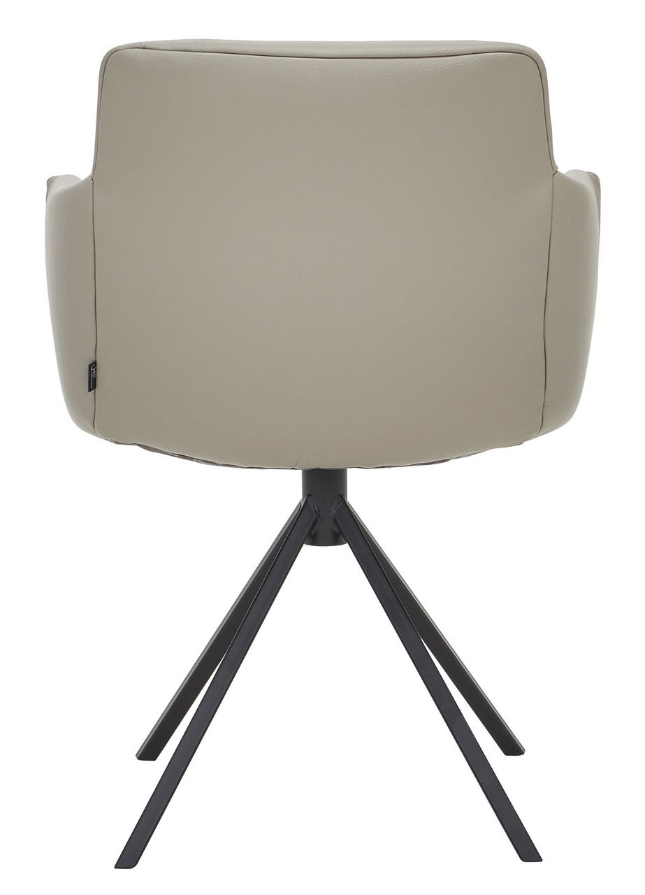 Rückansicht eines modernen Sessels mit beigem Bezug und schwarzem Metallgestell.