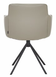 Rückansicht eines modernen Sessels mit beigem Bezug und schwarzem Metallgestell.