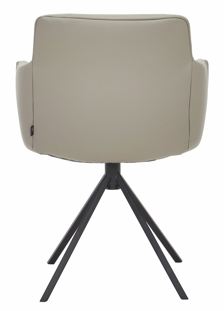 Rückansicht eines modernen Sessels mit beigem Bezug und schwarzem Metallgestell.