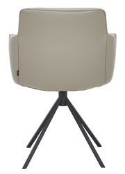 Rückansicht eines modernen Sessels mit beigem Bezug und schwarzem Metallgestell.