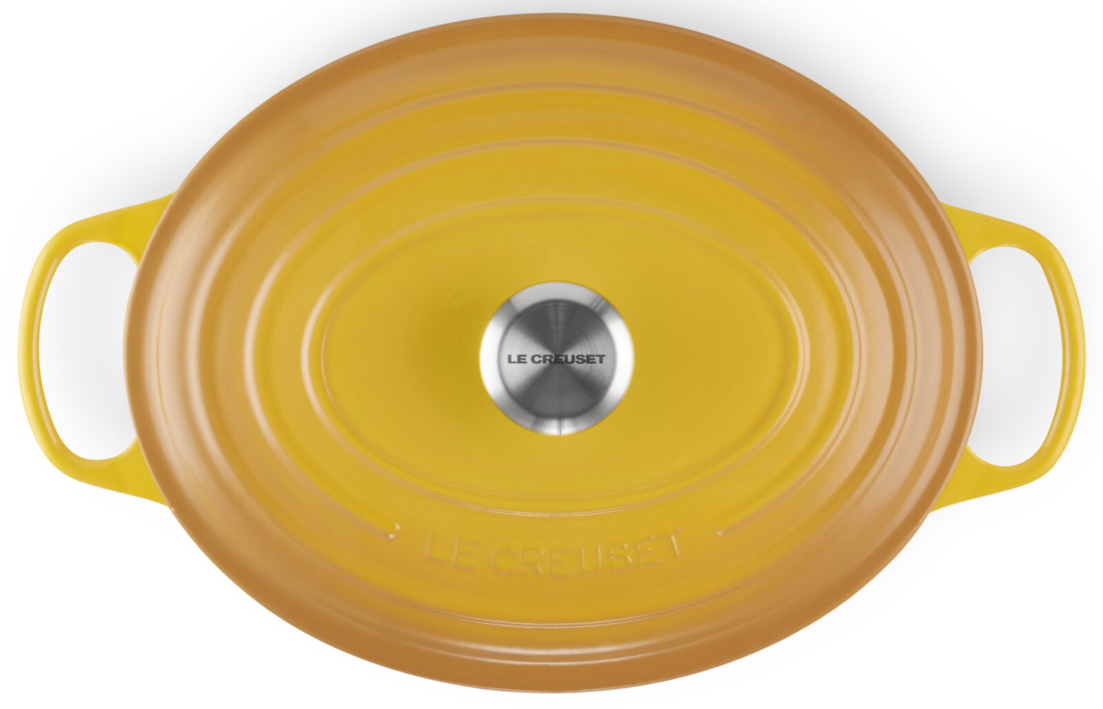 Gelber ovaler Bräter von oben mit zwei Griffen und silbernem Knauf, Marke Le Creuset