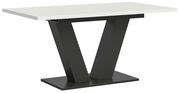 Moderner Esstisch mit weißer Tischplatte und schwarzem V-förmigem Gestell, seitliche Perspektive