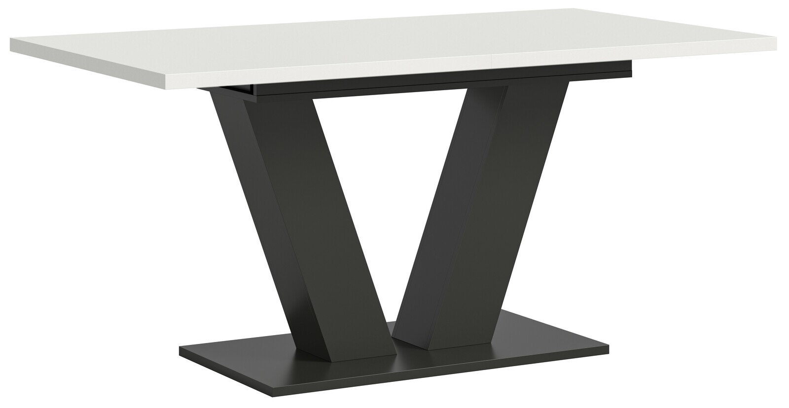 Moderner Esstisch mit weißer Tischplatte und schwarzem V-förmigem Gestell, seitliche Perspektive