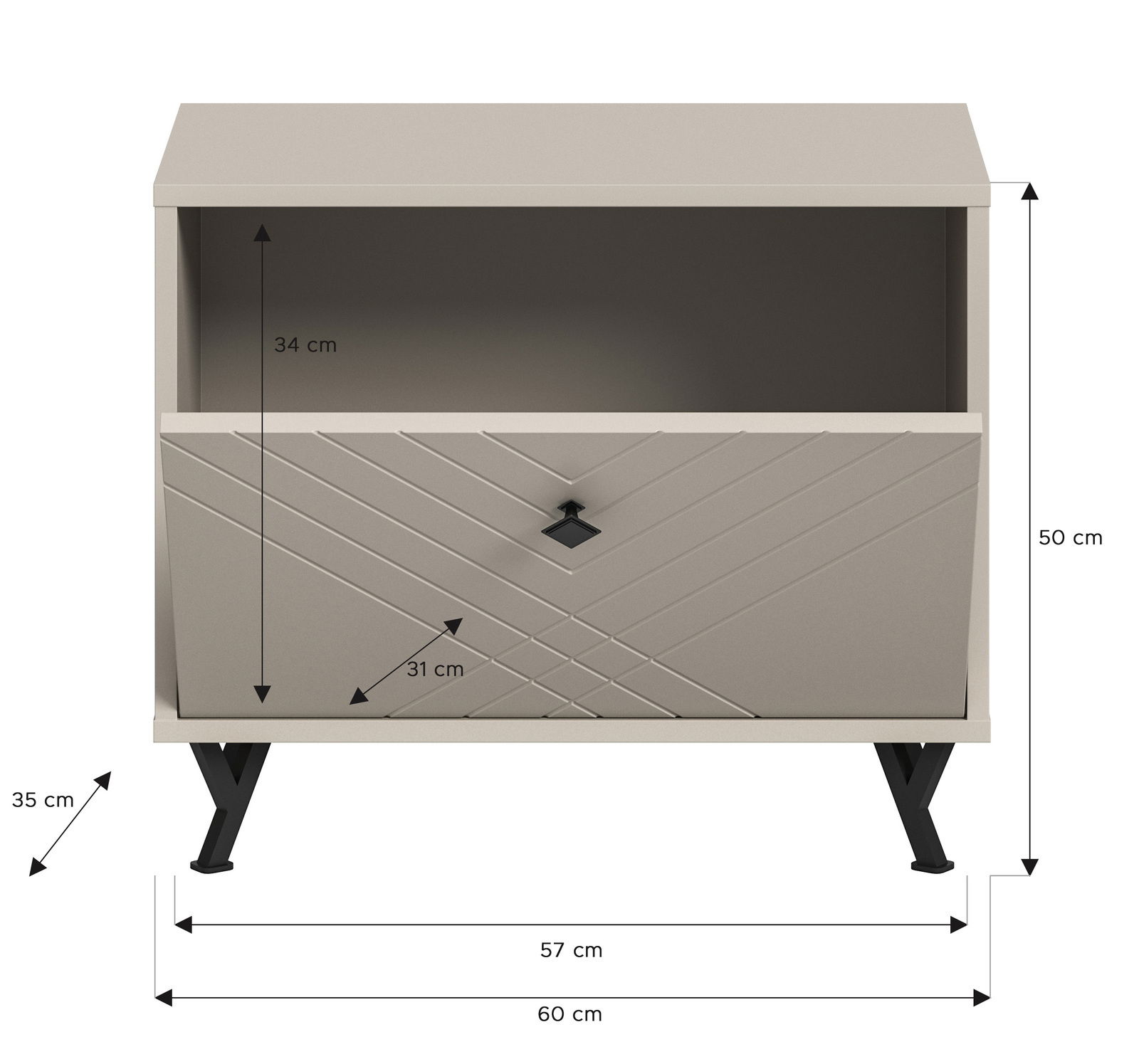 Sitzbank in beige mit geometrischem Muster auf der Front, schwarze Beine, Maße: 60 cm Breite, 50 cm Höhe, 35 cm Tiefe, Frontansicht