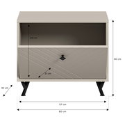 Sitzbank in beige mit geometrischem Muster auf der Front, schwarze Beine, Maße: 60 cm Breite, 50 cm Höhe, 35 cm Tiefe, Frontansicht