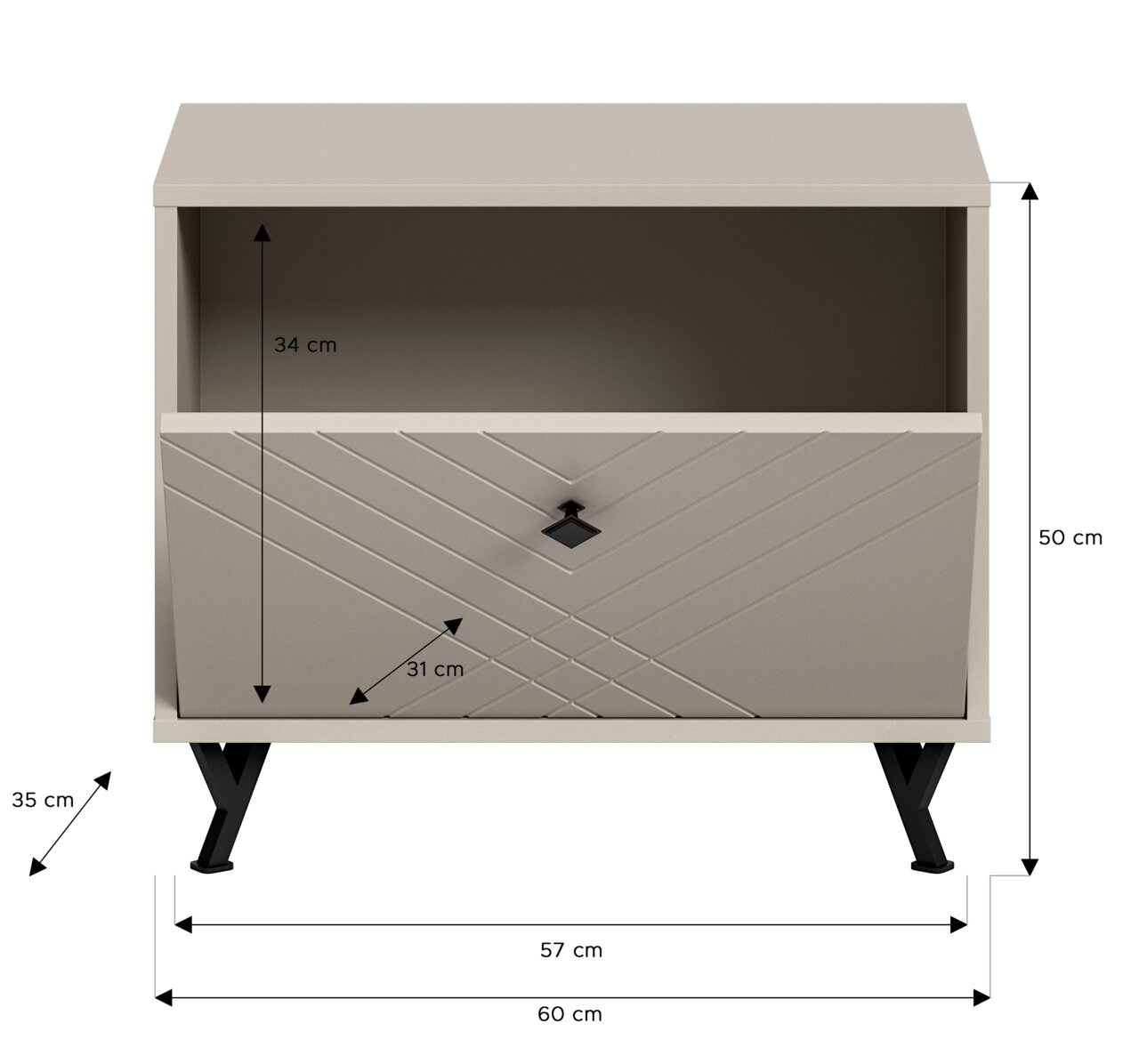 Sitzbank in beige mit geometrischem Muster auf der Front, schwarze Beine, Maße: 60 cm Breite, 50 cm Höhe, 35 cm Tiefe, Frontansicht