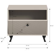 Sitzbank in beige mit geometrischem Muster auf der Front, schwarze Beine, Maße: 60 cm Breite, 50 cm Höhe, 35 cm Tiefe, Frontansicht
