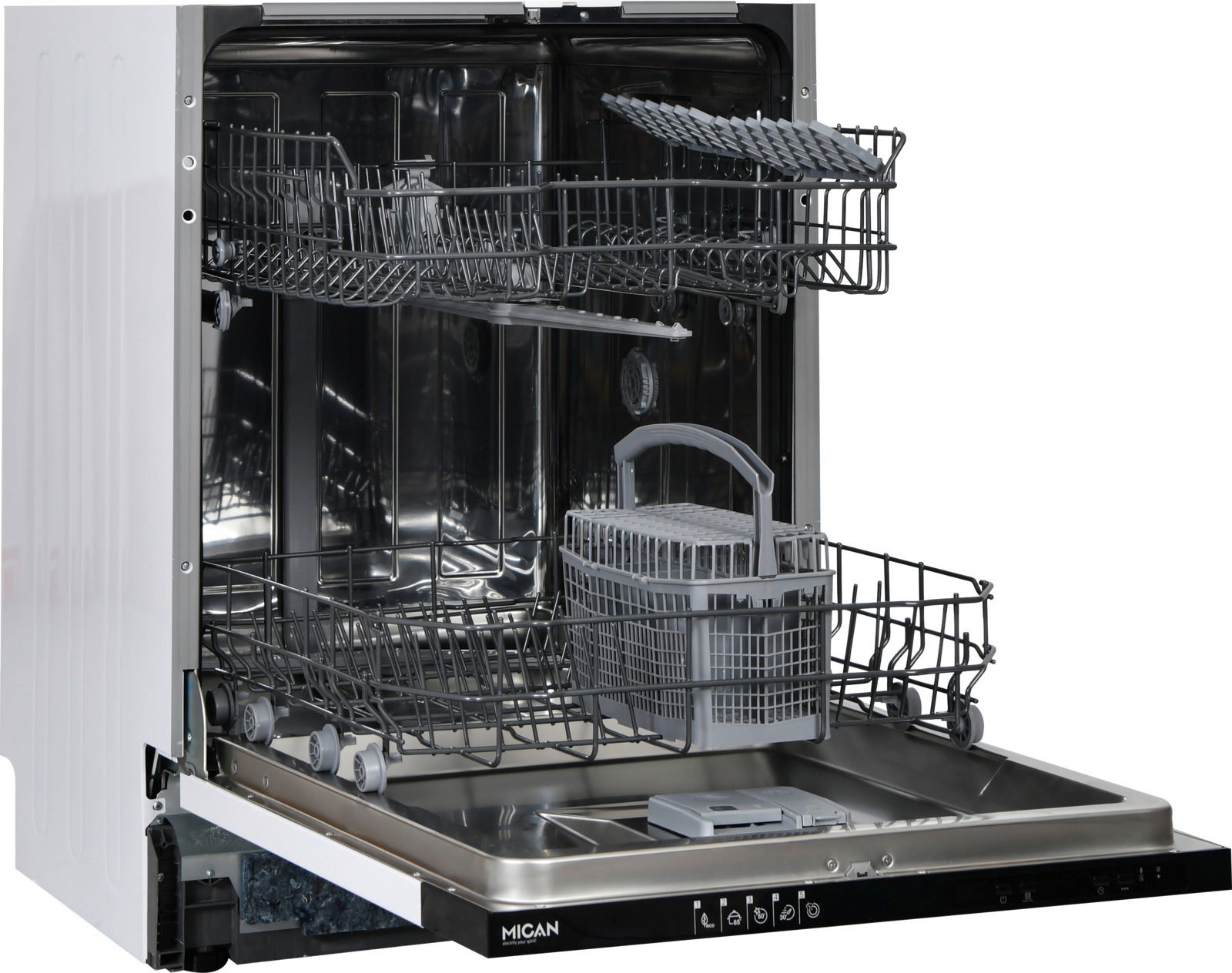 Mican Einbaugeschirrspüler GSV60D Offener Einbaugeschirrspüler mit herausgezogenem Unterkorb, Ansicht von vorne links
