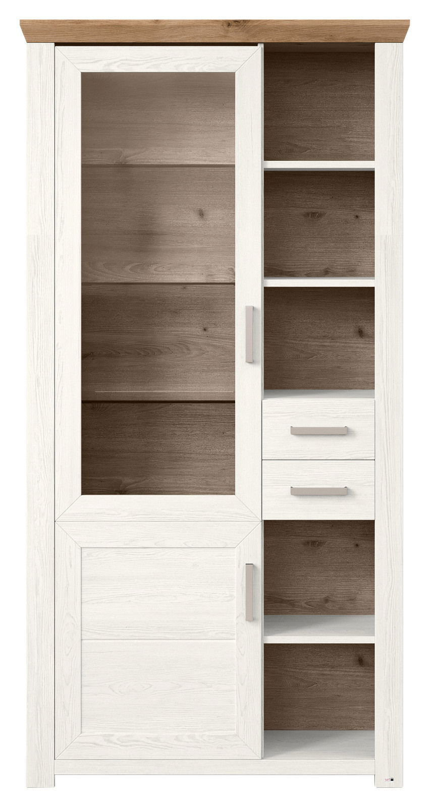 Vitrine in Frontalansicht mit weißem Rahmen und Holzelementen, links mit Glastür und rechts mit offenen Regalen und Schubladen.