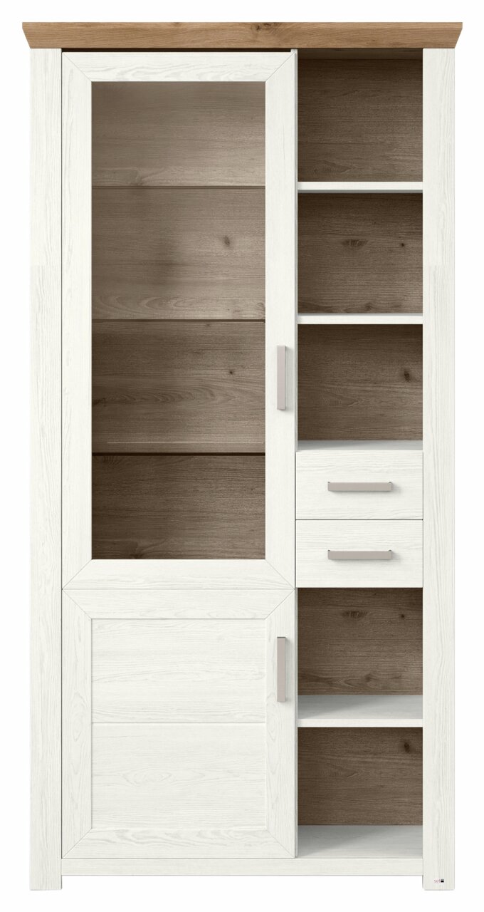 Vitrine in Frontalansicht mit weißem Rahmen und Holzelementen, links mit Glastür und rechts mit offenen Regalen und Schubladen.