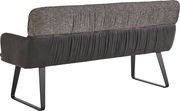 Moderne Polsterbank mit zweifarbiger Rückenlehne (grau gemustert) und dunkelgrauer, leicht geraffter Polsterung auf schwarzen Metallkufen, Ansicht von hinten in leichter Schrägperspektive