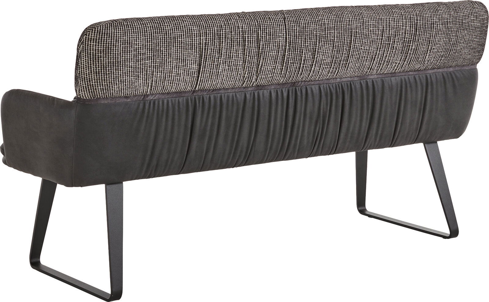 Moderne Polsterbank mit zweifarbiger Rückenlehne (grau gemustert) und dunkelgrauer, leicht geraffter Polsterung auf schwarzen Metallkufen, Ansicht von hinten in leichter Schrägperspektive