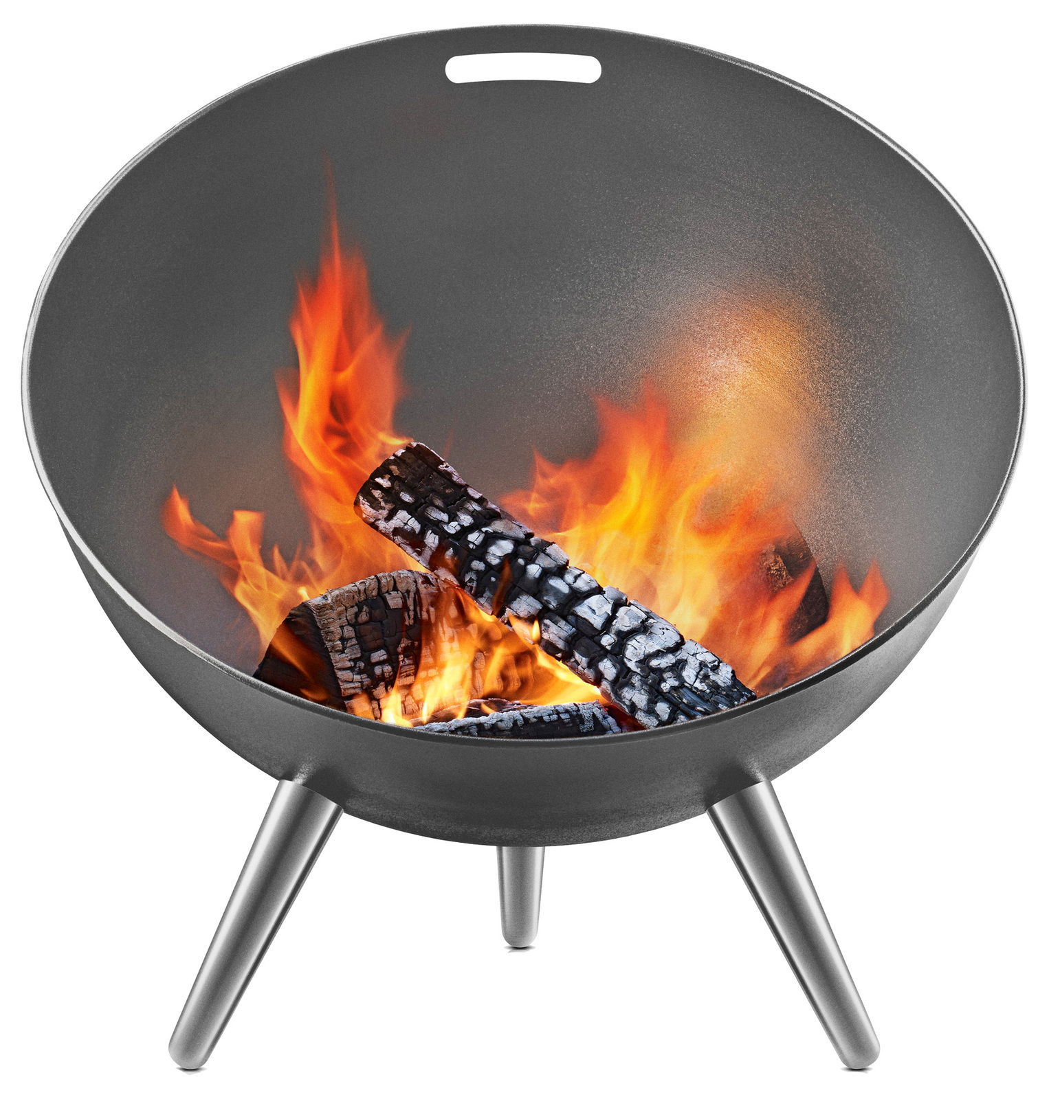 Feuerschale FireGlobe mit brennendem Holz, seitliche Perspektive