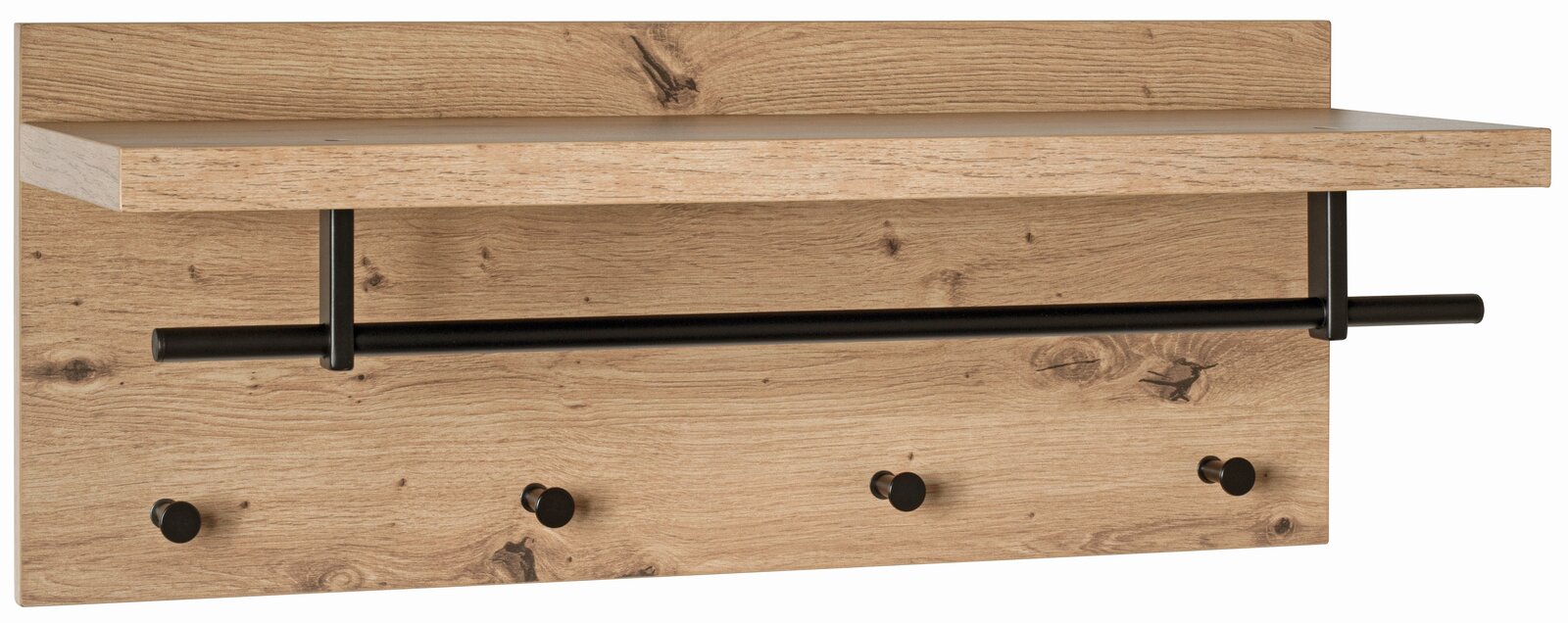 XORA Wandgarderobe PARMA Wandgarderobe aus Holz mit schwarzer Metallstange und vier Haken, frontal betrachtet.