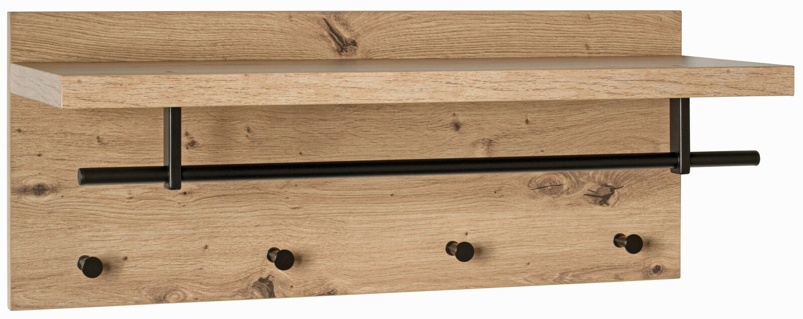 Wandgarderobe aus Holz mit schwarzer Metallstange und vier Haken, frontal betrachtet.