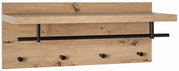 Wandgarderobe aus Holz mit schwarzer Metallstange und vier Haken, frontal betrachtet.