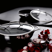 Glänzender Edelstahl-Kochtopf mit Glasdeckel und Metallgriffen auf dunkler Oberfläche, im Vordergrund aus leicht erhöhter Frontansicht; im Hintergrund weiterer Topf, daneben Knoblauch und rote Blüten.