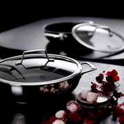 Glänzender Edelstahl-Kochtopf mit Glasdeckel und Metallgriffen auf dunkler Oberfläche, im Vordergrund aus leicht erhöhter Frontansicht; im Hintergrund weiterer Topf, daneben Knoblauch und rote Blüten.
