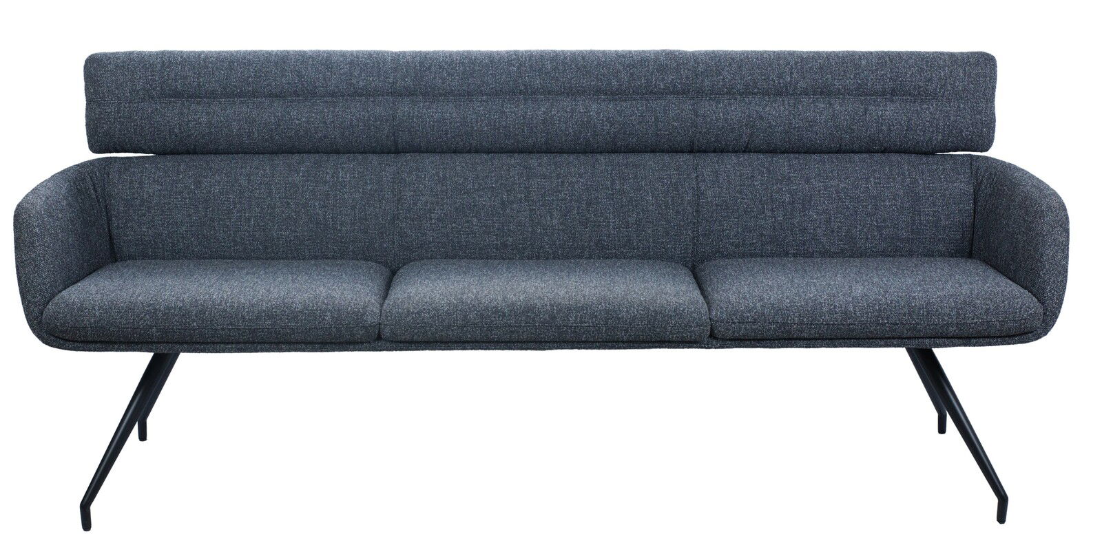 Graue Sitzbank mit drei Sitzplätzen und schwarzem Metallgestell, Frontalansicht