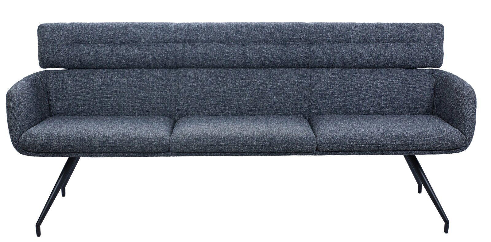 Graue Sitzbank mit drei Sitzplätzen und schwarzem Metallgestell, Frontalansicht