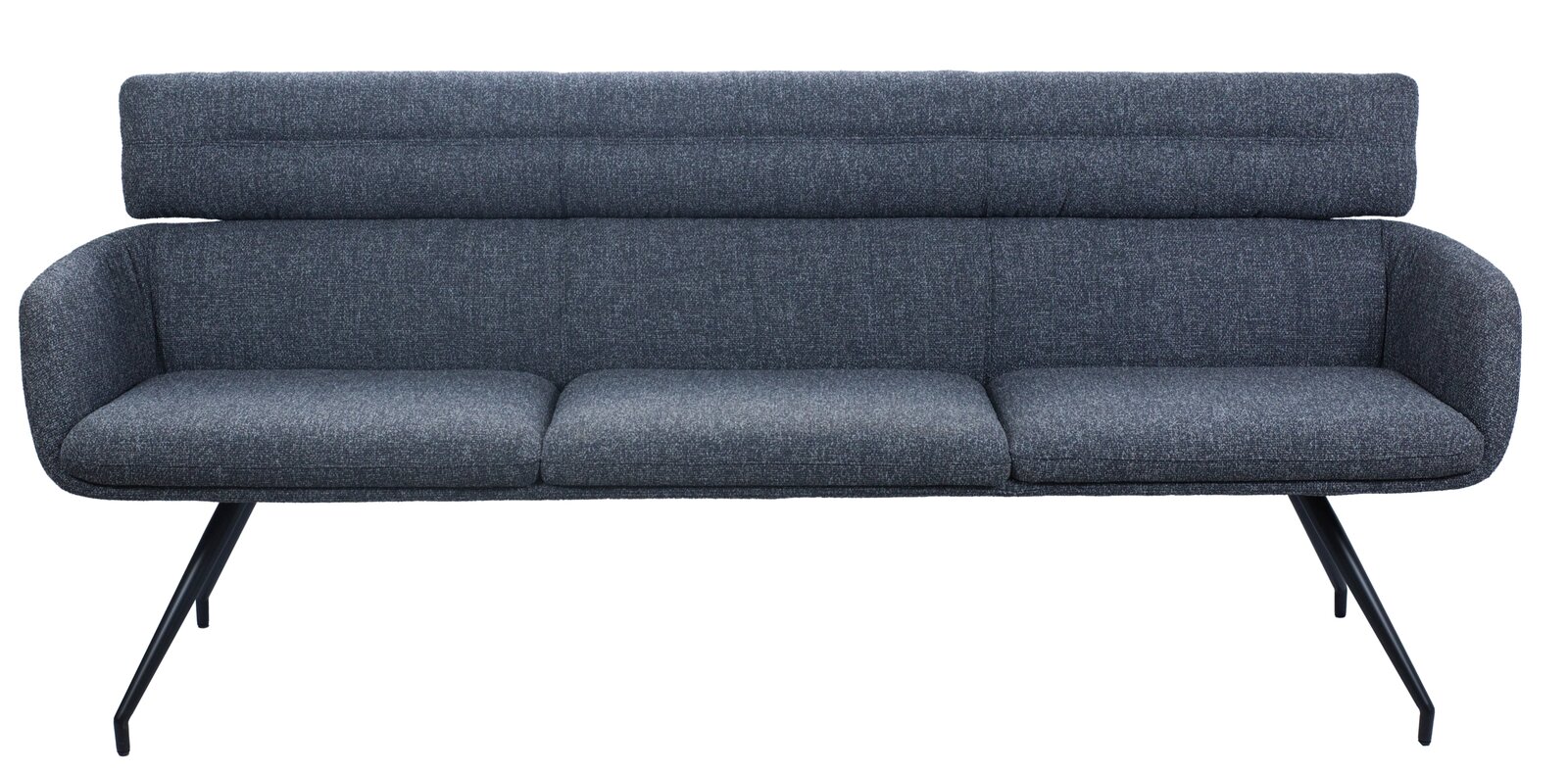 Graue Sitzbank mit drei Sitzplätzen und schwarzem Metallgestell, Frontalansicht