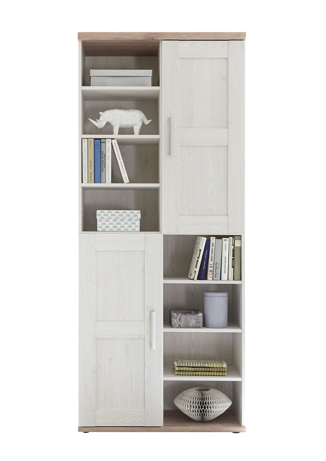 Mehrzweckschrank in heller Holzoptik mit offenen Regalfächern und Türen, frontal fotografiert.