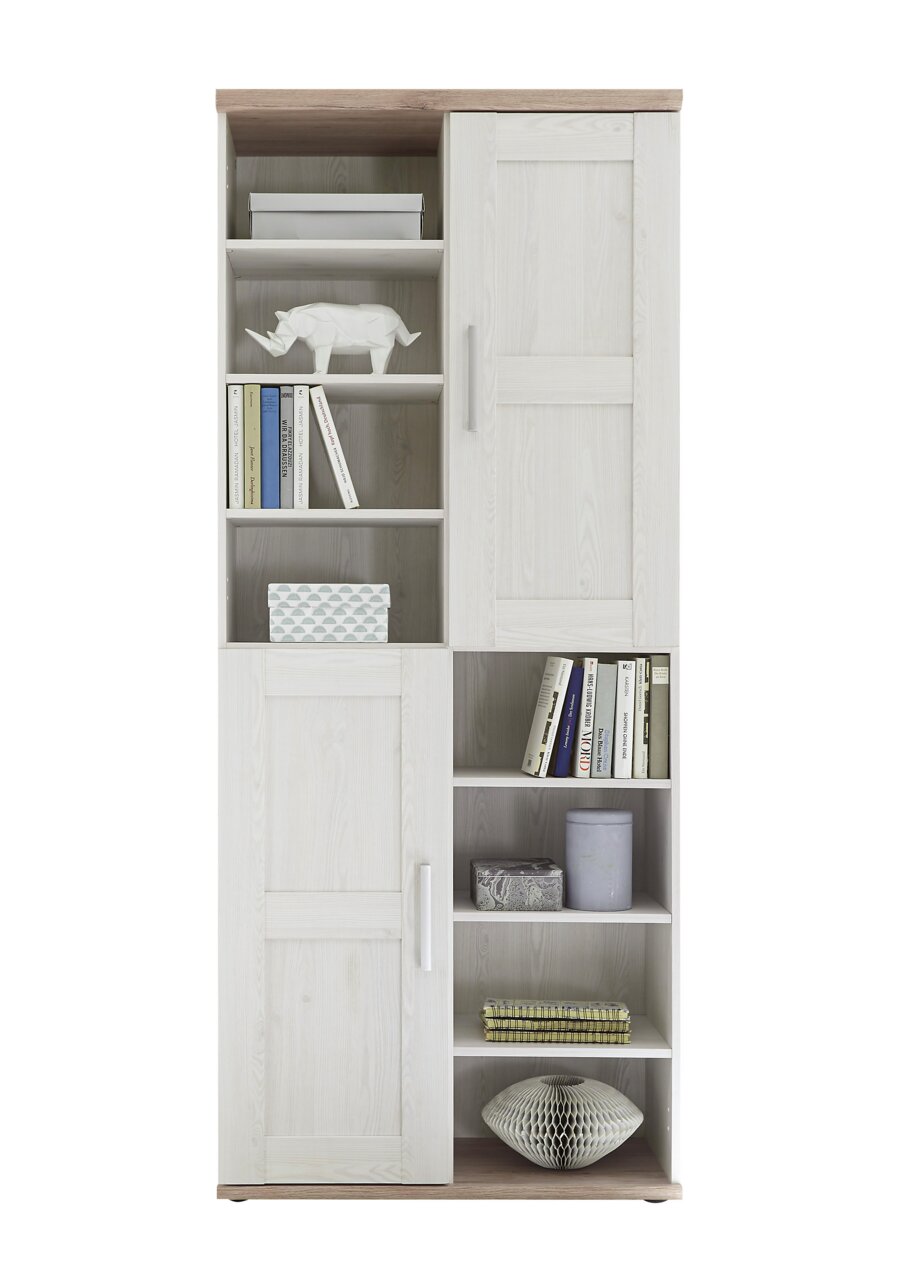 Landscape Mehrzweckschrank SORTLAND Mehrzweckschrank in heller Holzoptik mit offenen Regalfächern und Türen, frontal fotografiert.