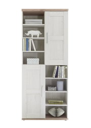 Mehrzweckschrank in heller Holzoptik mit offenen Regalfächern und Türen, frontal fotografiert.