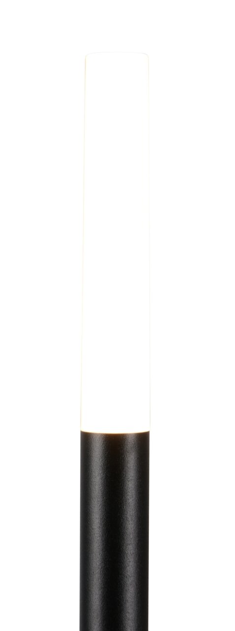 LED-Gartenleuchte in zylindrischer Form, schwarze Basis mit leuchtendem weißen oberen Teil, frontal aufgenommen.