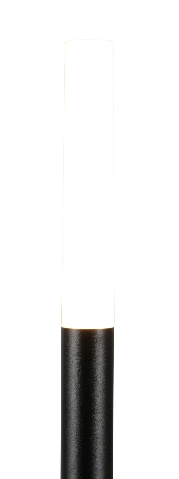 LED-Gartenleuchte in zylindrischer Form, schwarze Basis mit leuchtendem weißen oberen Teil, frontal aufgenommen.