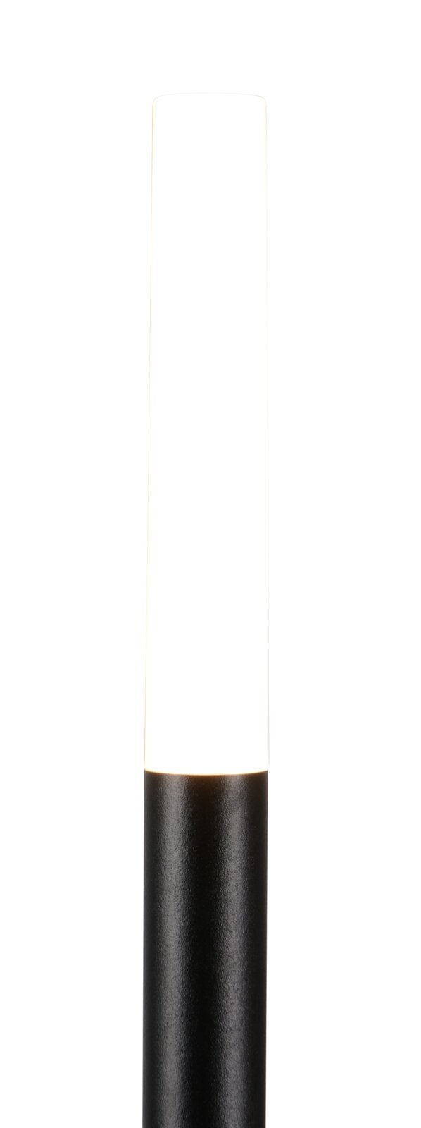 LED-tuinlamp in cilindrische vorm, met een zwarte voet en een helderwit bovenstuk, gefotografeerd van voren.