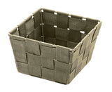 Quadratischer Badkorb Adria Mini in Taupe, aus geflochtenem Material, perspektivisch von oben fotografiert.