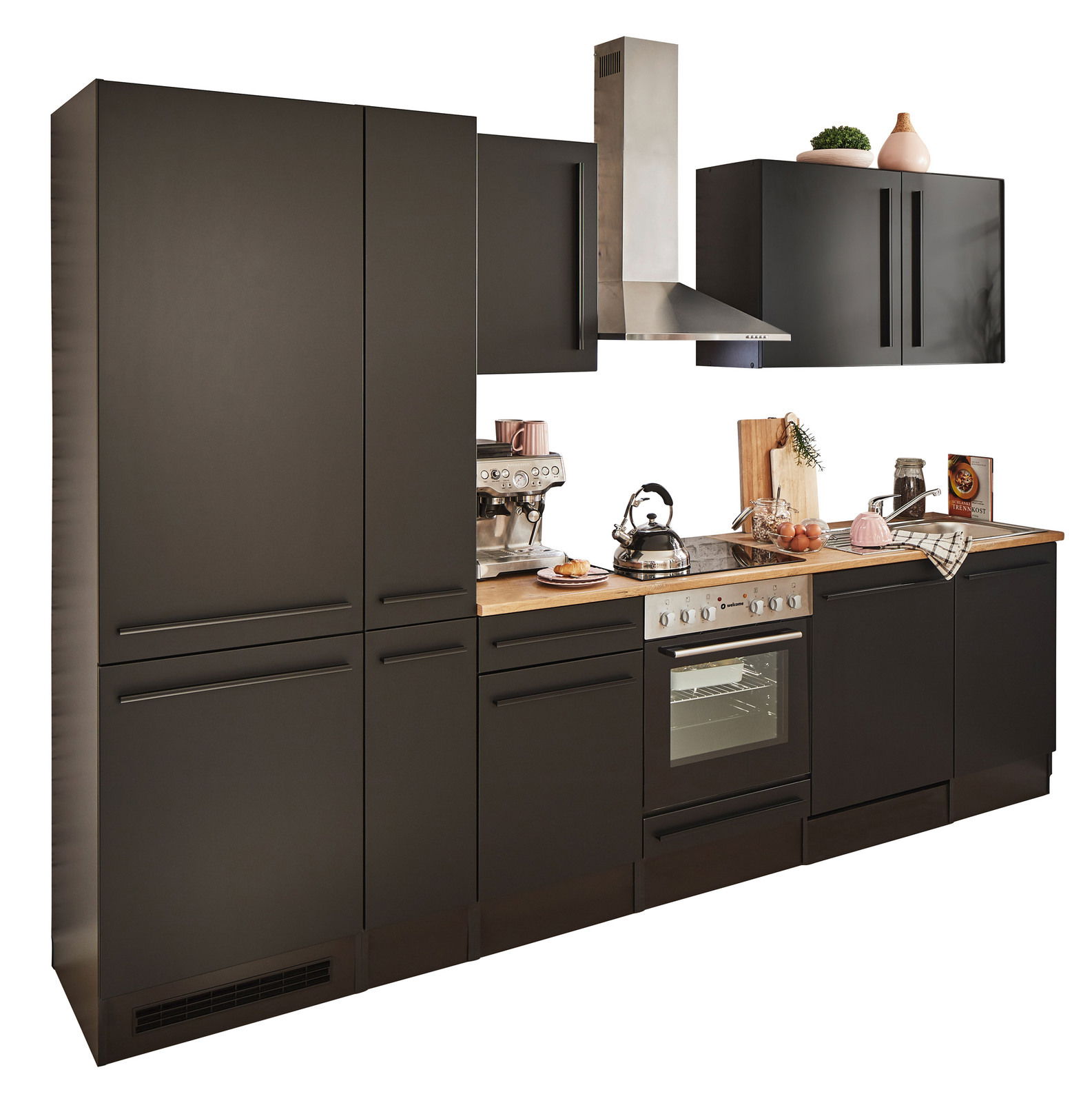 Yourkitchen Küchenblock 310 JAZZ Moderne Küchenzeile in dunklem Design mit Herd, Dunstabzugshaube und Oberschränken, seitliche Perspektive