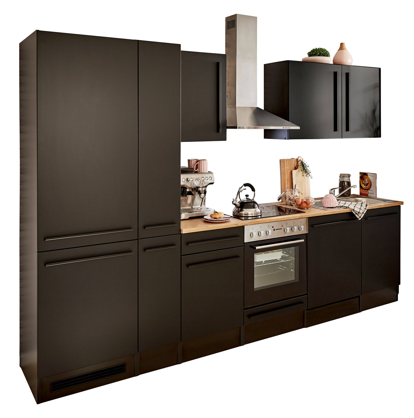 Yourkitchen Küchenblock 310 JAZZ Moderne Küchenzeile in dunklem Design mit Herd, Dunstabzugshaube und Oberschränken, seitliche Perspektive