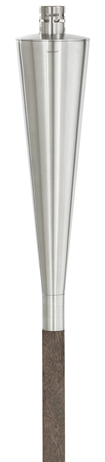 Edelstahl-Gartenfackel mit Holzstab und Brennerkopf, freigestellt auf weißem Hintergrund, Frontalansicht