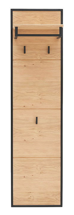 Garderobenpaneel aus Holz mit schwarzem Rahmen, frontal abgebildet, mit Ablage und Haken.