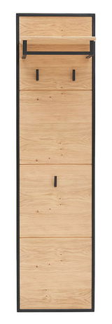 Garderobenpaneel aus Holz mit schwarzem Rahmen, frontal abgebildet, mit Ablage und Haken.