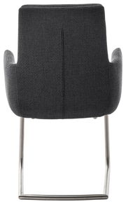 Rückansicht eines Freischwinger-Sessels mit dunkelgrauem Stoffbezug und Metallgestell.