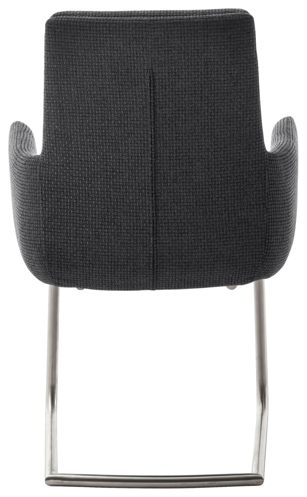 Rückansicht eines Freischwinger-Sessels mit dunkelgrauem Stoffbezug und Metallgestell.