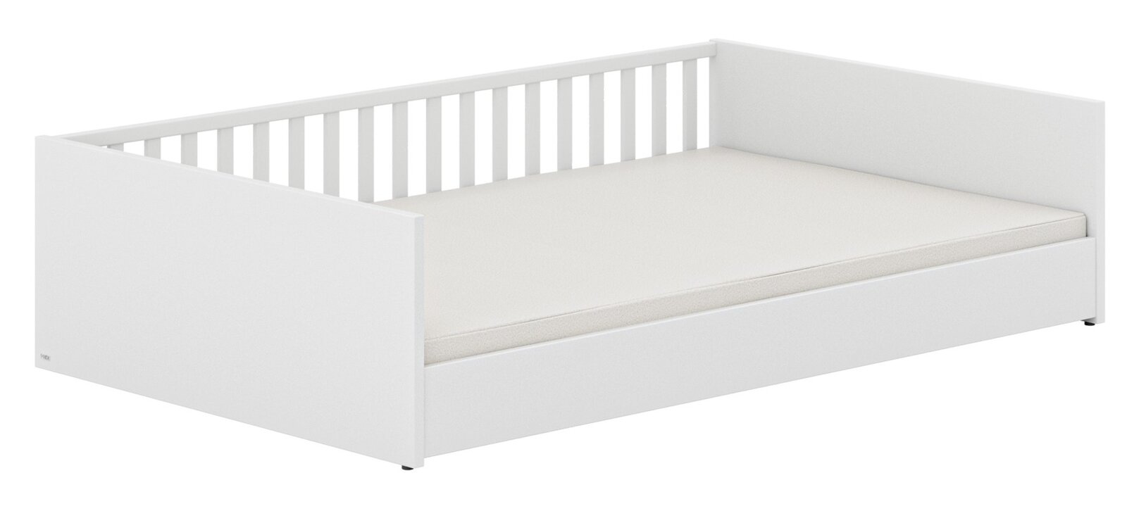 Weißes Bodenbett mit Gitter an der Rückseite, seitlicher Blickwinkel