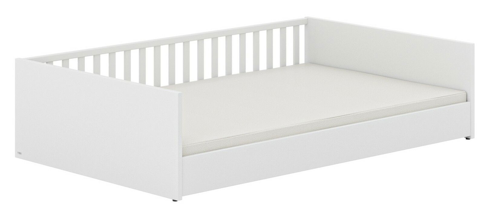 Weißes Bodenbett mit Gitter an der Rückseite, seitlicher Blickwinkel
