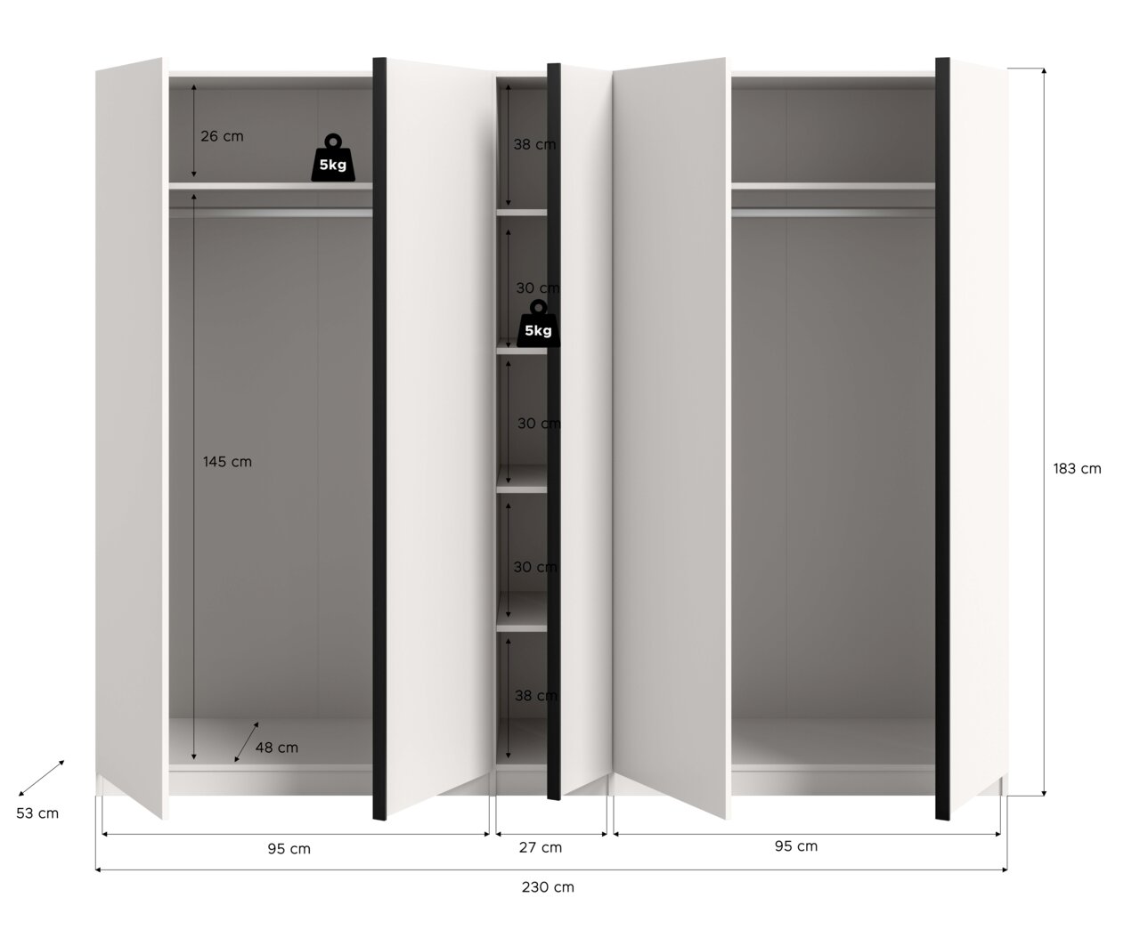 Geöffneter dreiteiliger Kleiderschrank in Weiß mit schwarzen Griffleisten, Innenansicht von vorn mit Maßangaben (B 230 cm, H 183 cm, T 53 cm), zwei Kleiderstangen und mittlerem Regalfach