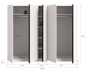 Geöffneter dreiteiliger Kleiderschrank in Weiß mit schwarzen Griffleisten, Innenansicht von vorn mit Maßangaben (B 230 cm, H 183 cm, T 53 cm), zwei Kleiderstangen und mittlerem Regalfach
