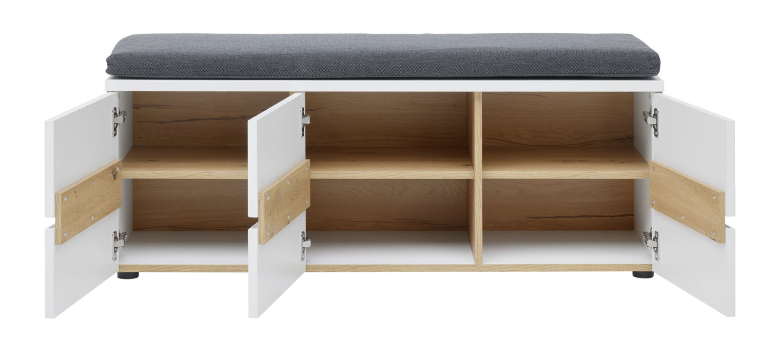 Bank mit Stauraum, weiße Türen, Holzfächer, graues Sitzkissen, frontale Ansicht
