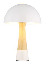 Moderne Tischleuchte mit weißem Schirm und Holzfuß, frontal betrachtet.